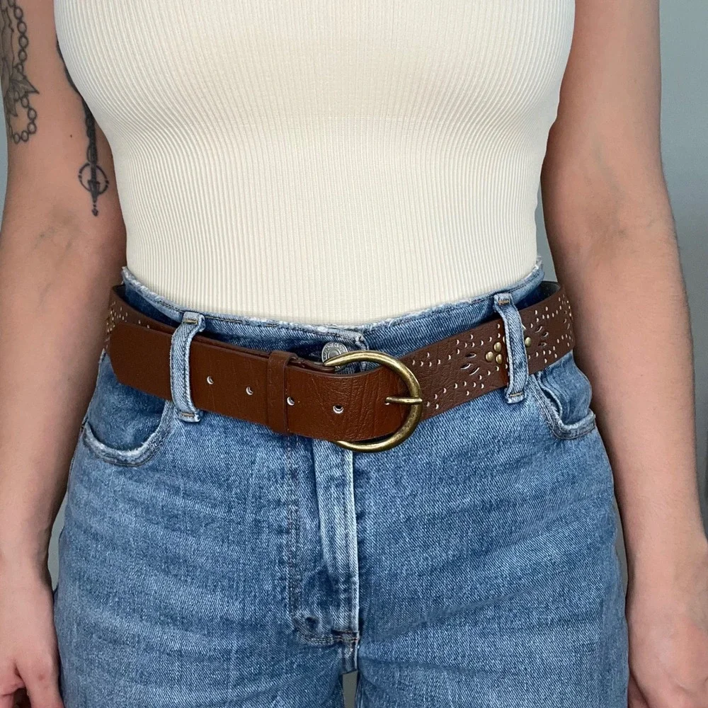 Amiee Lynn Brown Leather Studded Laser Cut‎ Belt Brass Buckle ML
